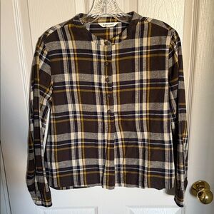 Bridge & Burn Button Up Brown and Yellow Checkered Shirt, Size Small